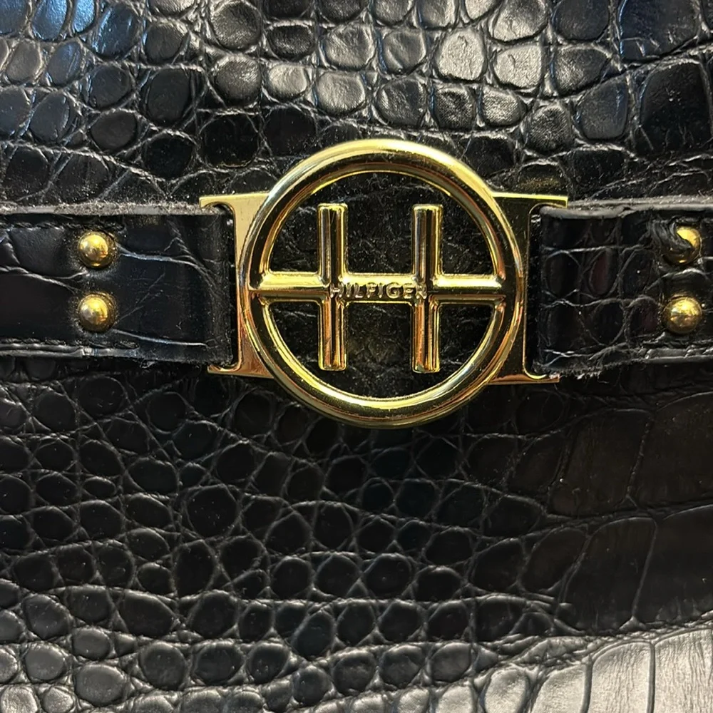 Tommy Hilfiger Black Crocodile-Embossed Open Tote Bag Gold Hardware - Picture 2 of 10